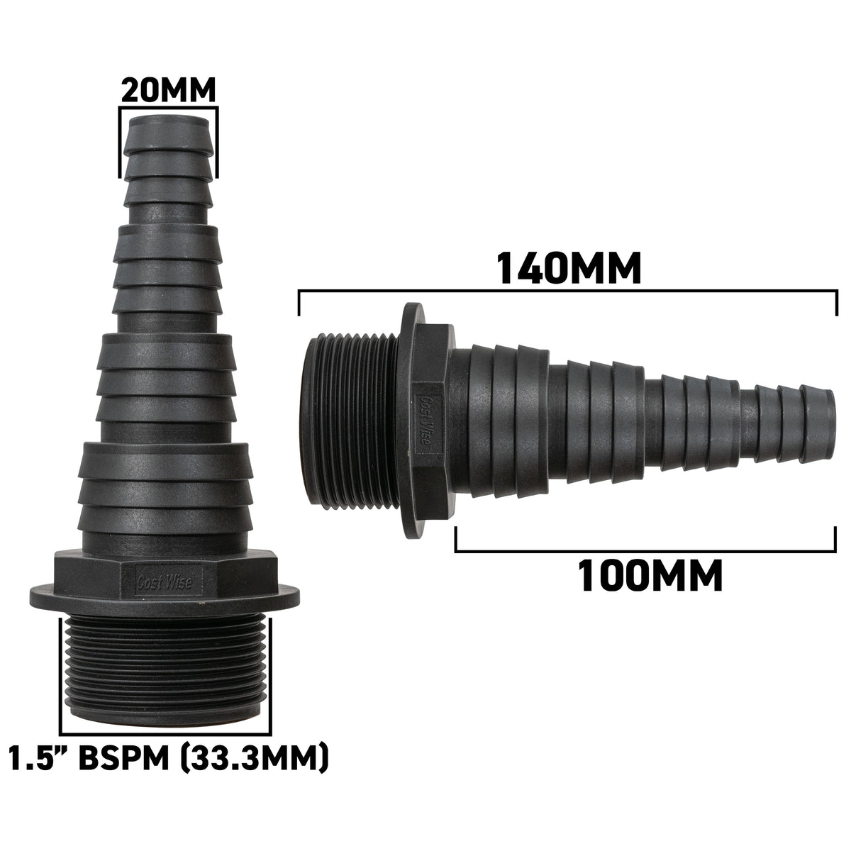 Stepped Barbed Connector for 20mm/ 25mm/ 32mm/ 40mm Hose, 1.5" BSPM