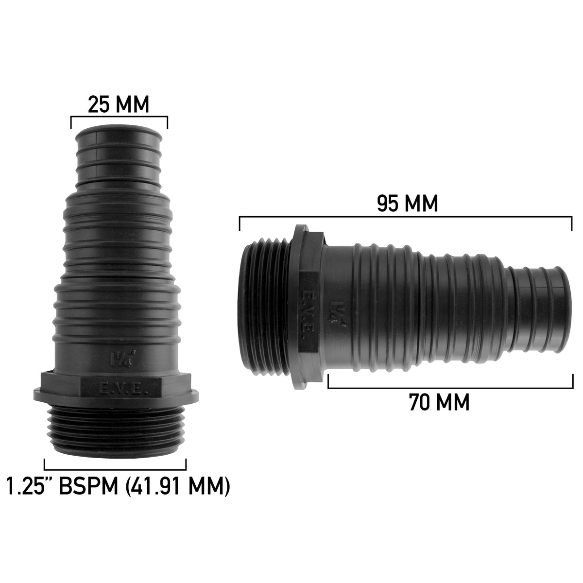 Stepped Barbed Connector for 25mm/ 32mm/ 38mm Hose, 1.25" BSPM