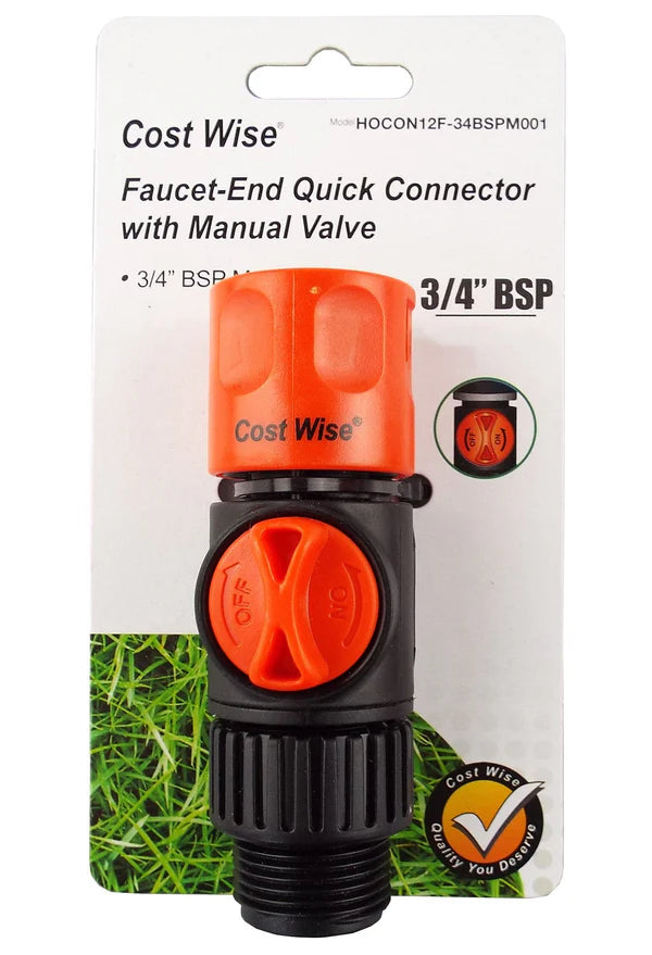 3/4" BSPM to Hosepipe Tap Connector with Valve, Black