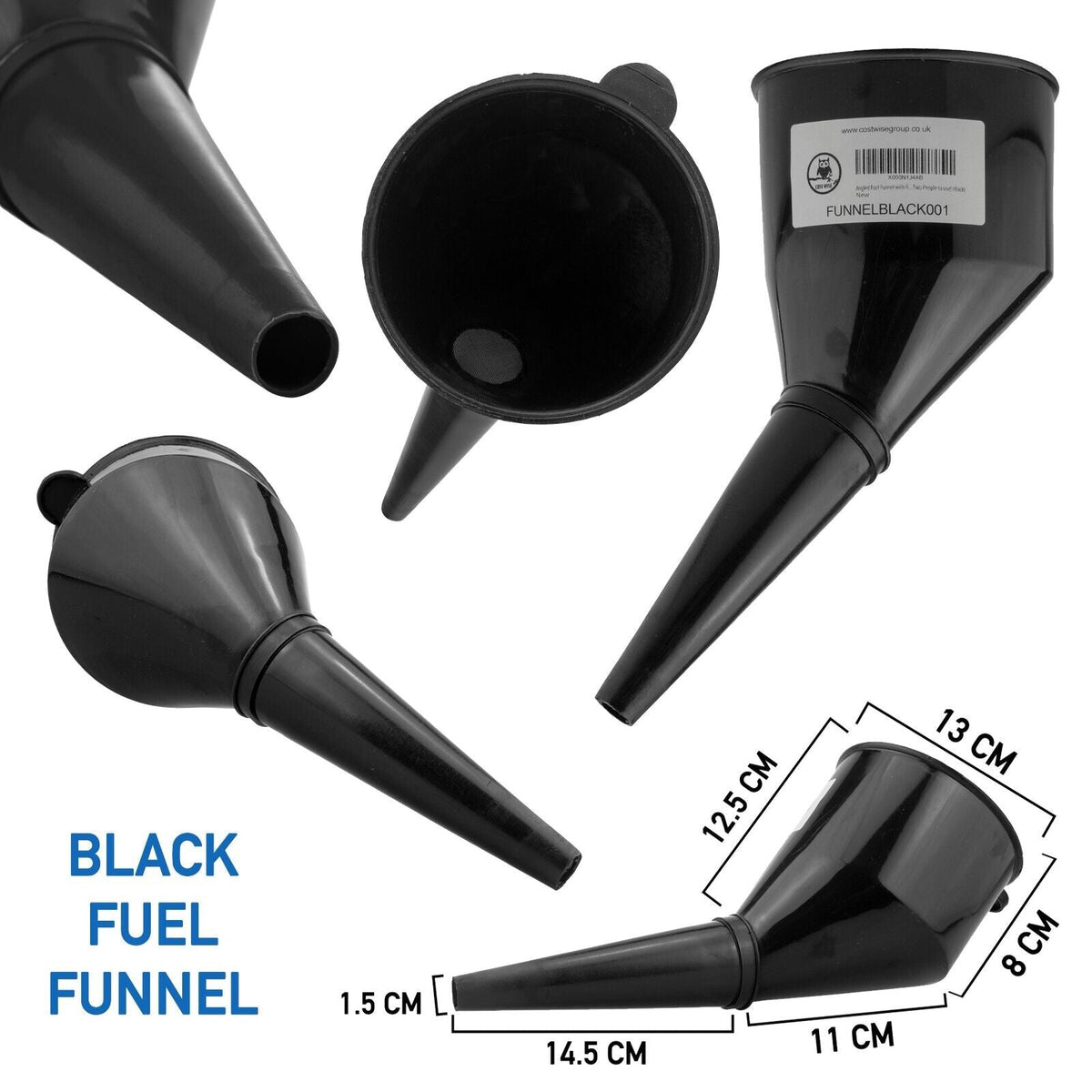 2x Car Petrol Funnel FILTERED BLACK Full FLOW Spout Diesel Screen Wash Oil Fuel