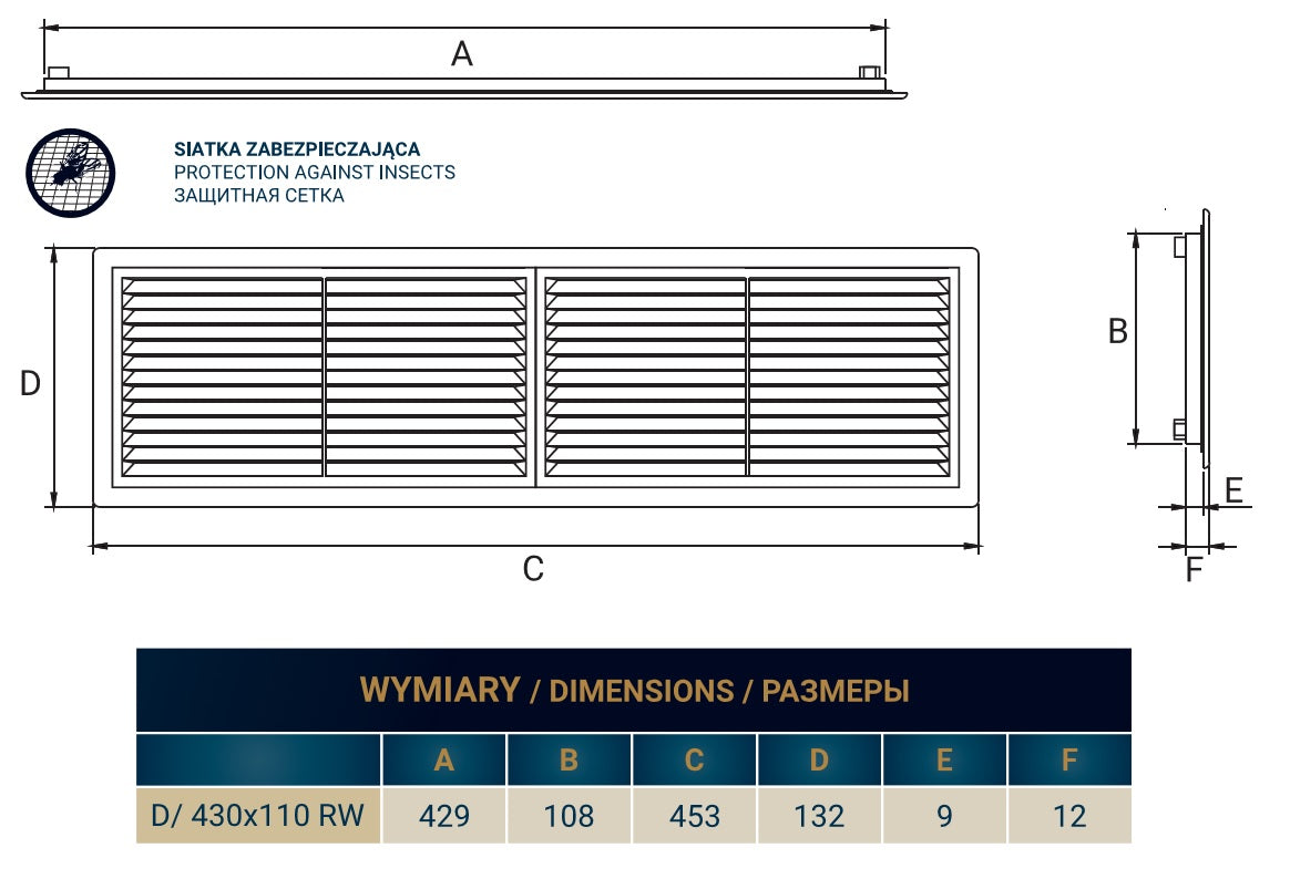 White Louvre Vent with Fly Screen, 110mm x 430mm