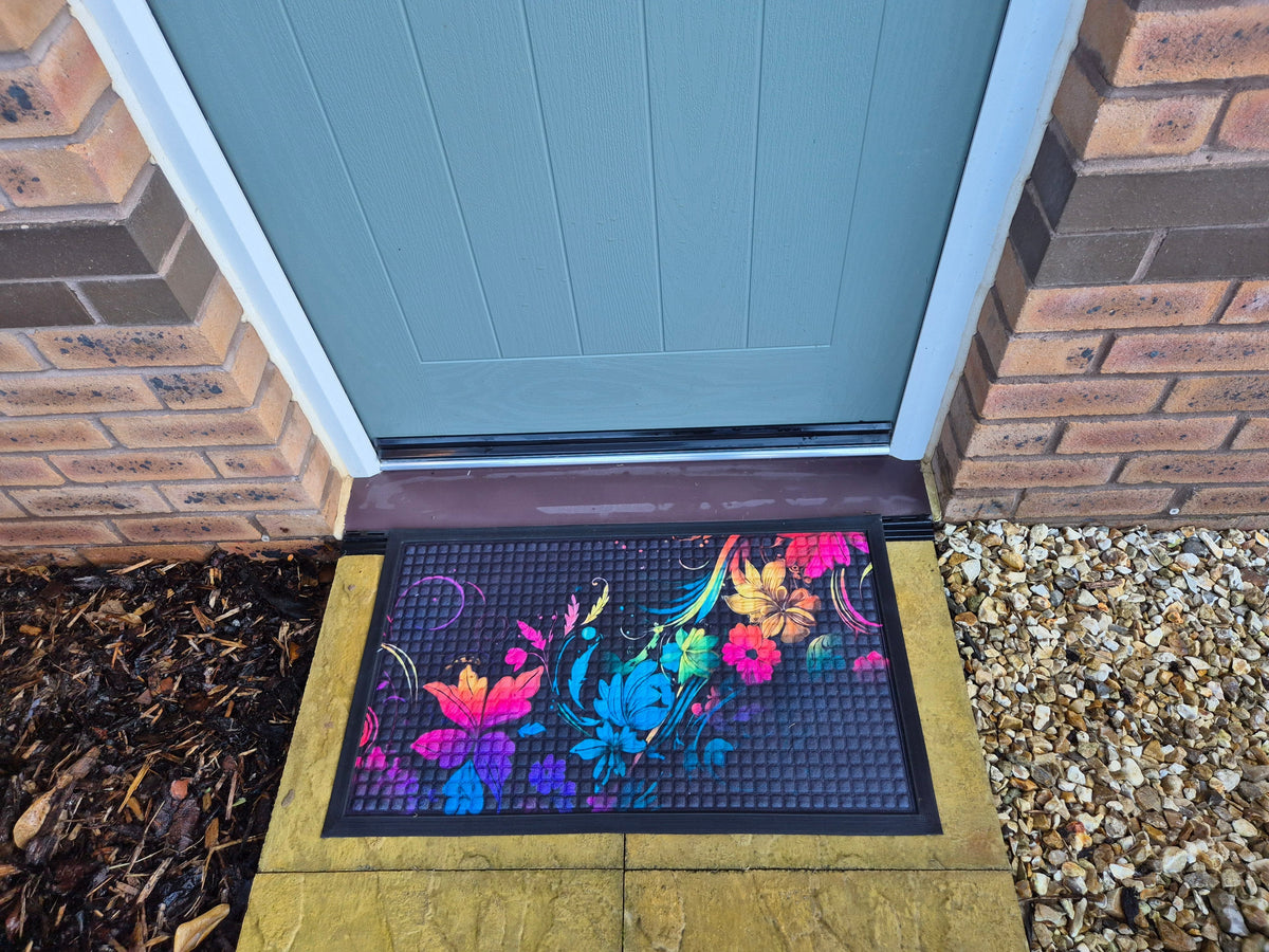 3D Embossed Doormat, 75cm x 45cm - Neon Flowers