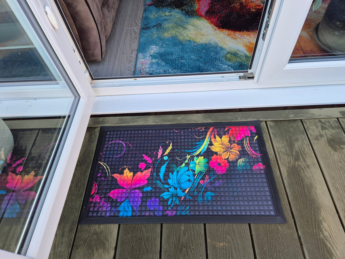3D Embossed Doormat, 75cm x 45cm - Neon Flowers