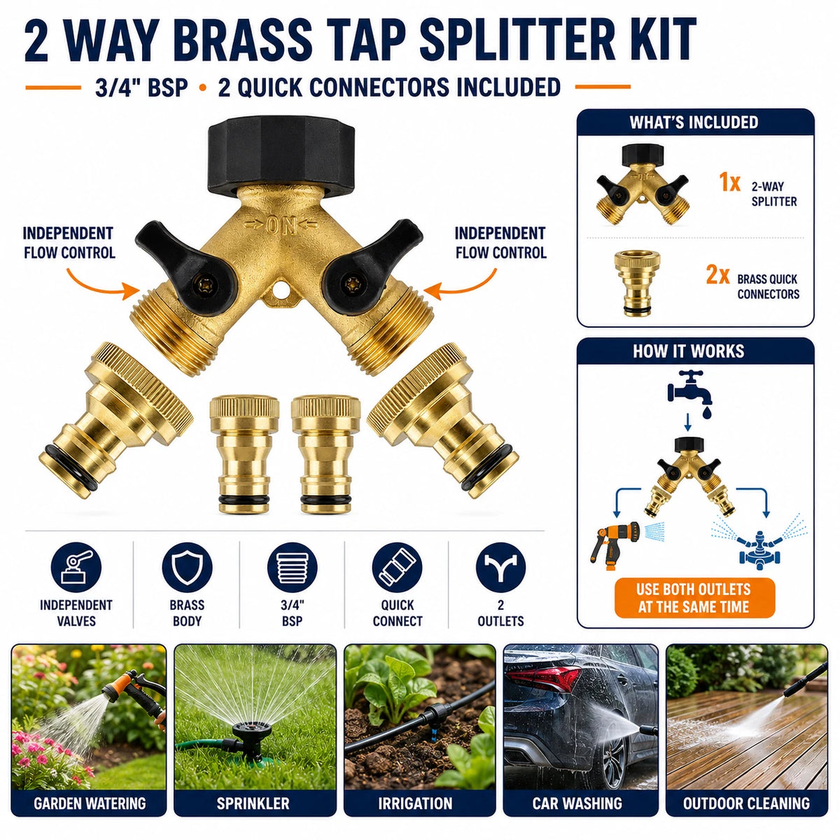 Garden Tap Splitter 2 Way Brass 3/4" BSPF Double Valve Snap On Hose Connector