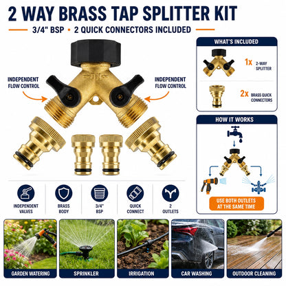 Garden Tap Splitter 2 Way Brass 3/4" BSPF Double Valve Snap On Hose Connector