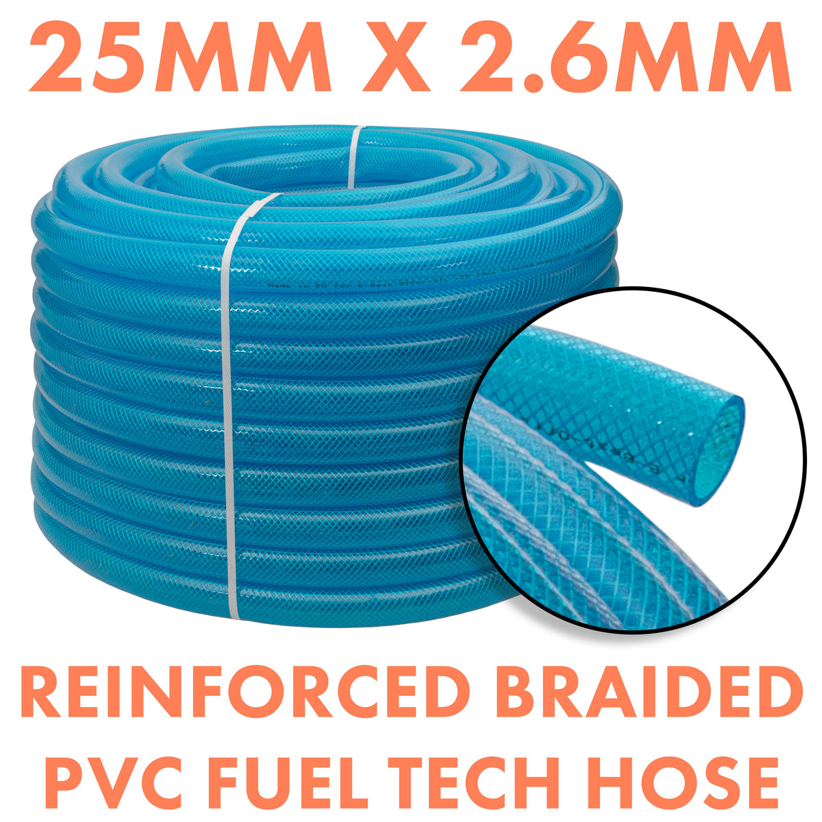 25mm Braided PVC Fuel Tech Hose, Transparent Blue