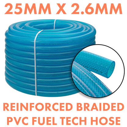 25mm Braided PVC Fuel Tech Hose, Transparent Blue