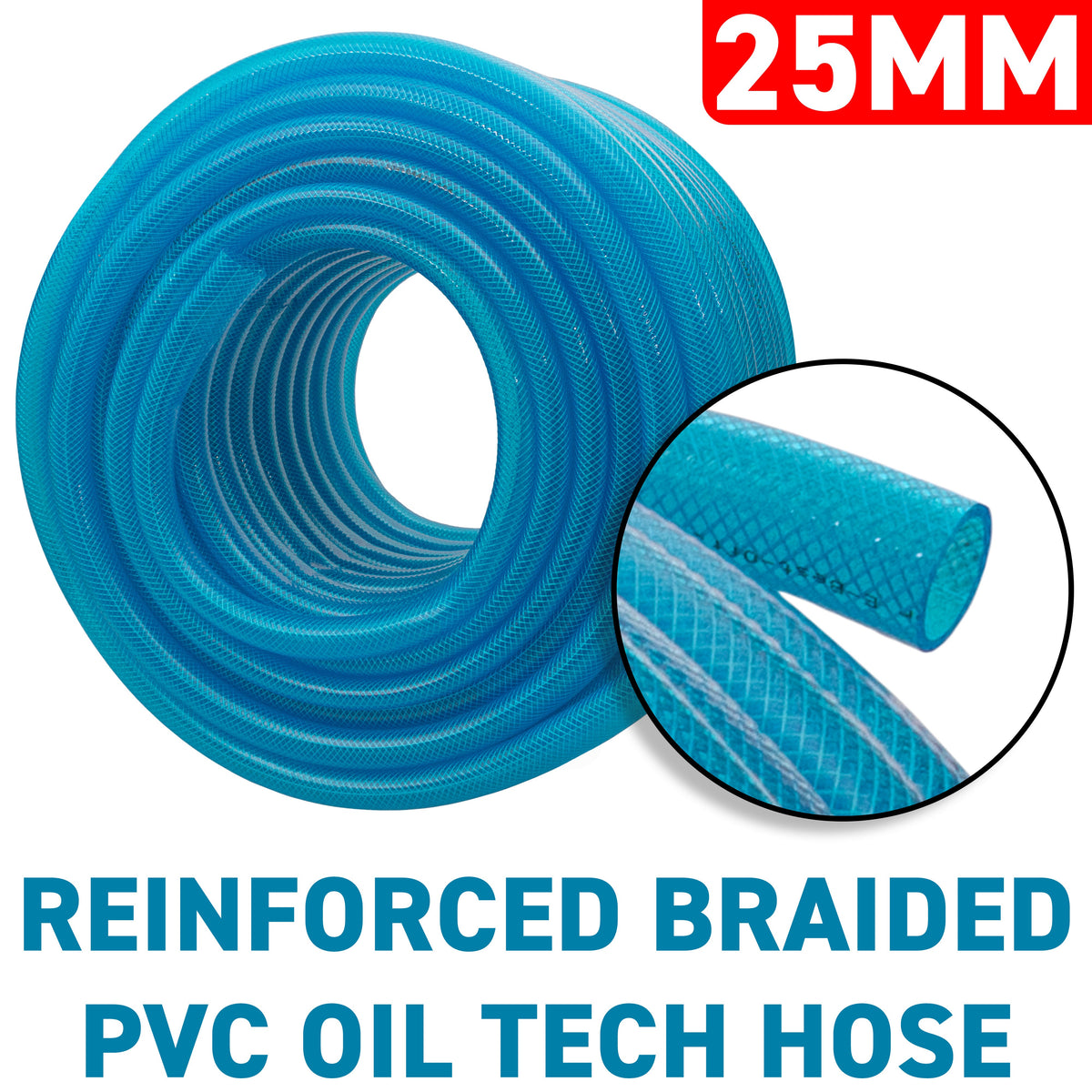 25mm Braided PVC Fuel Tech Hose, Transparent Blue