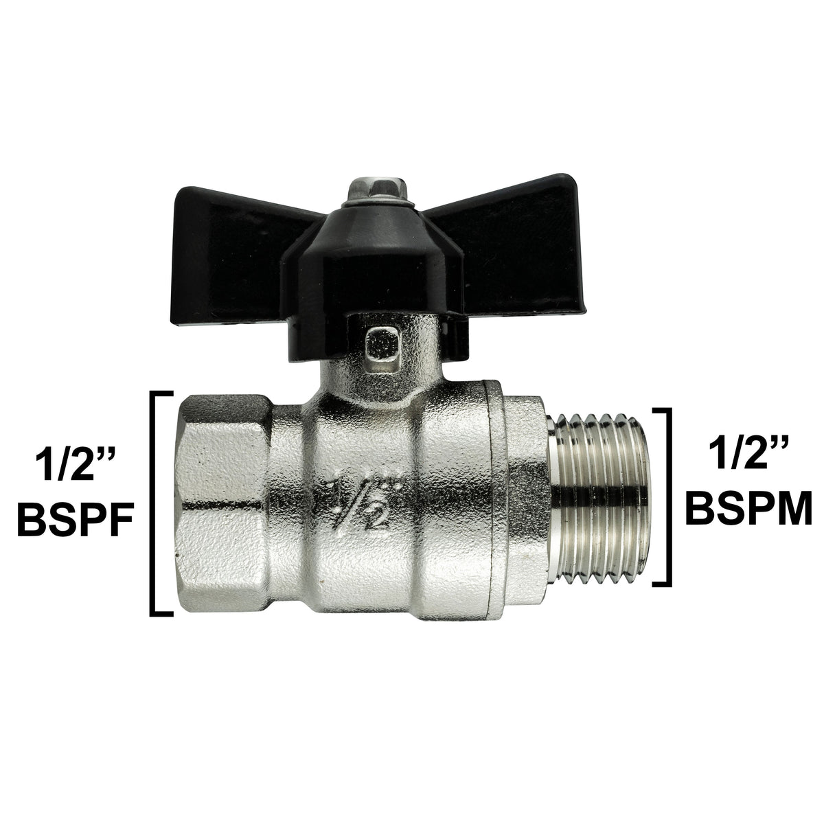 Male to Female Nickel Plated Brass Butterfly Valve, 1/2"