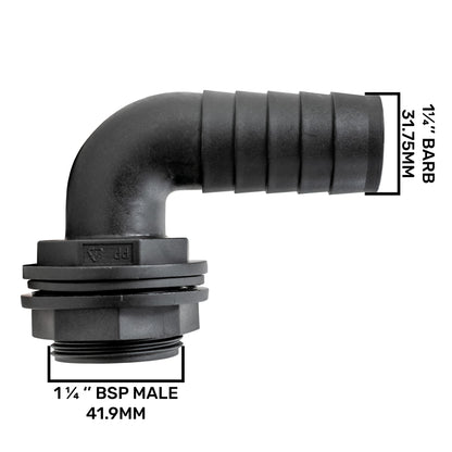 Water Butt 90° Overflow Elbow with Nut & Washer, 1.25"
