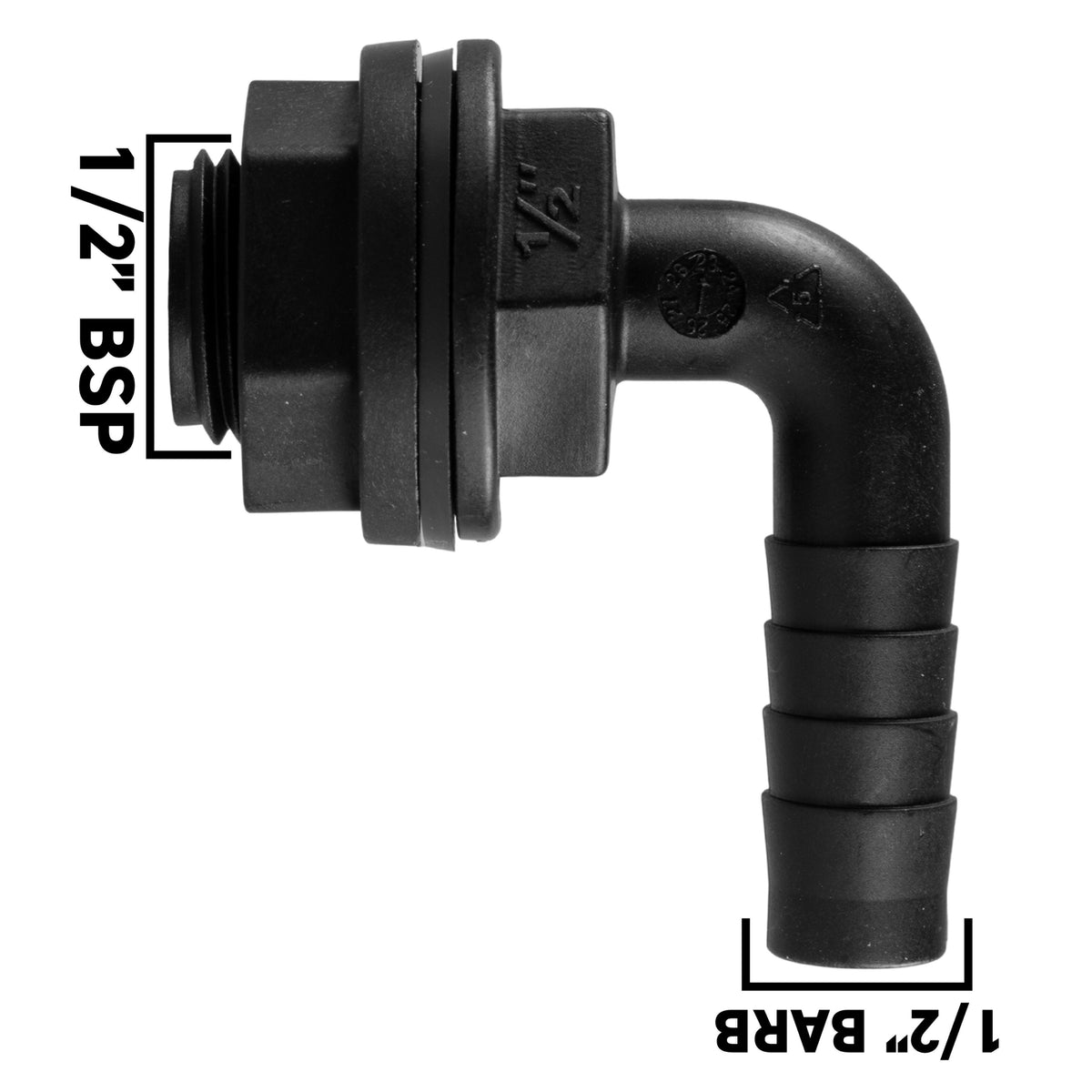 Water Butt 90° Overflow Elbow with Nut & Washer, 1/2"