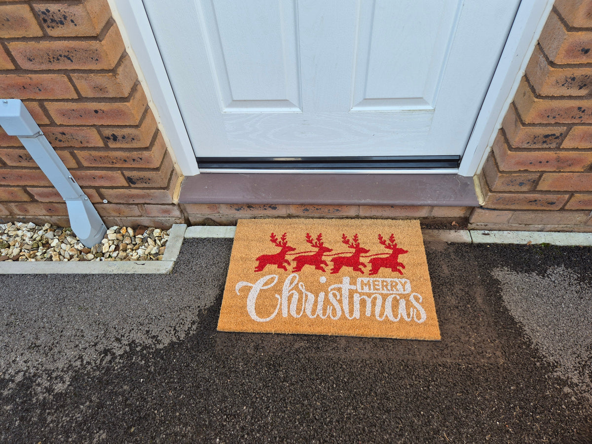 Coir Doormat, 60cm x 40cm - 'Merry Christmas' (Red/Silver)