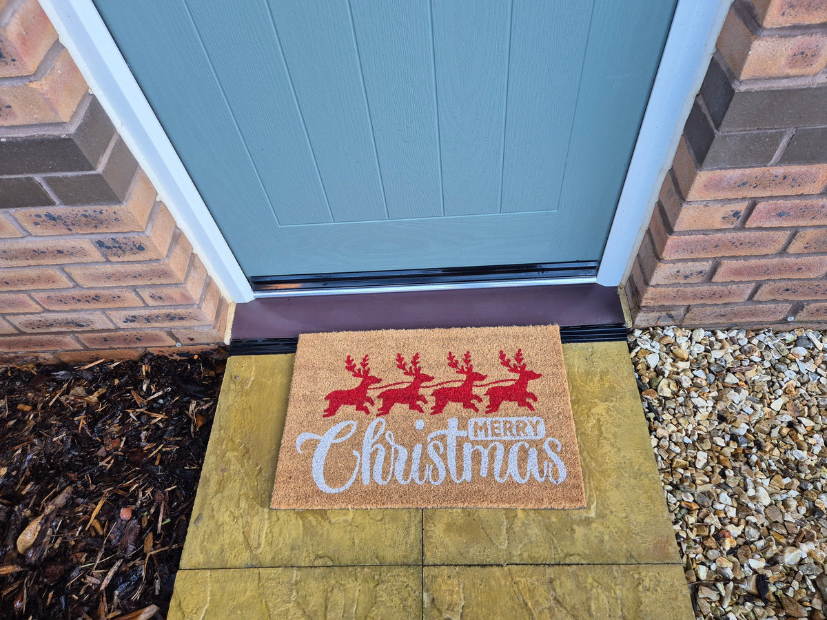 Coir Doormat, 60cm x 40cm - 'Merry Christmas' (Red/Silver)