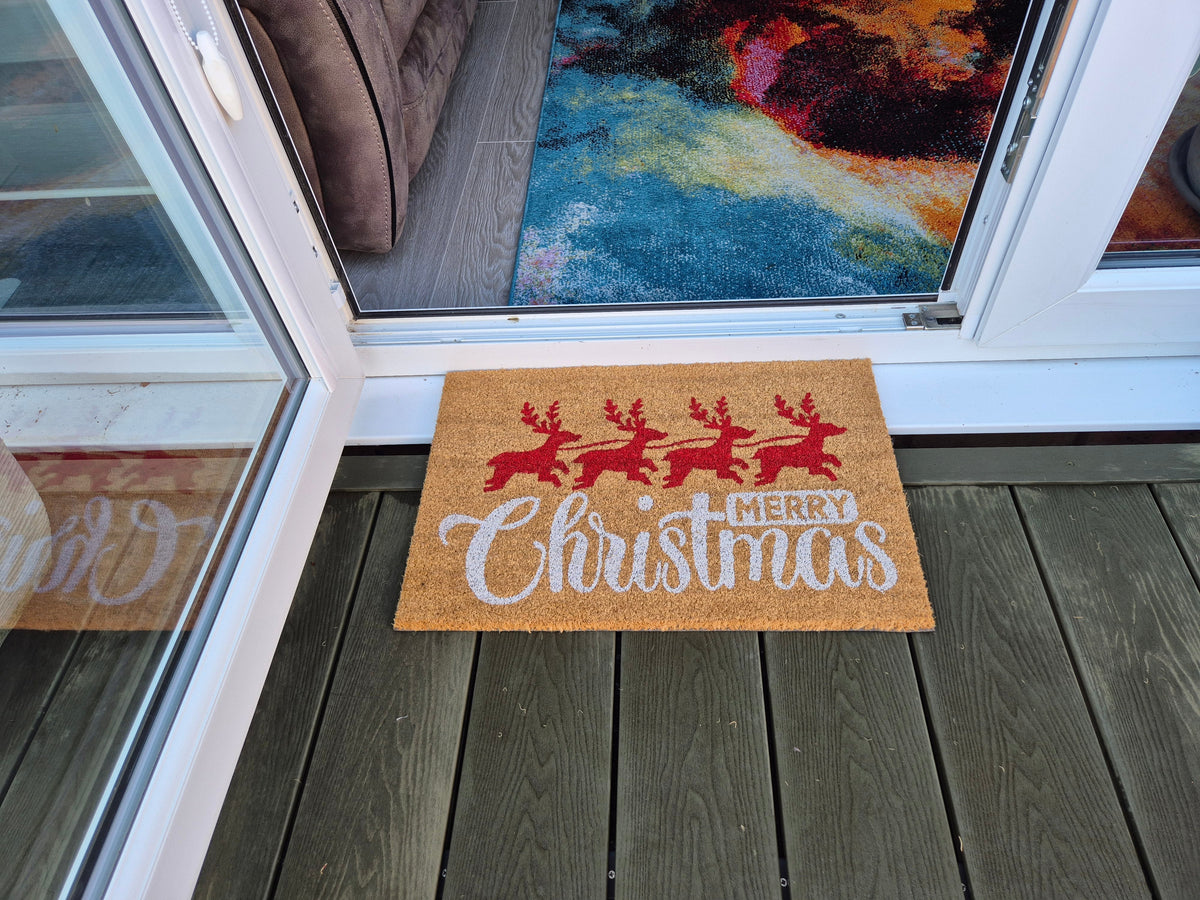 Coir Doormat, 60cm x 40cm - 'Merry Christmas' (Red/Silver)