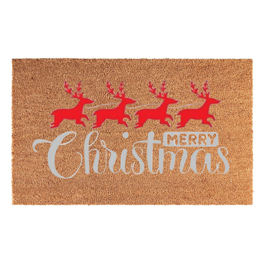 Coir Doormat, 60cm x 40cm - 'Merry Christmas' (Red/Silver)
