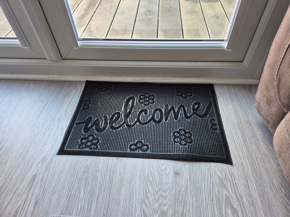Rubber Doormat, 60cm x 40cm - 'Welcome' (Small Flowers)