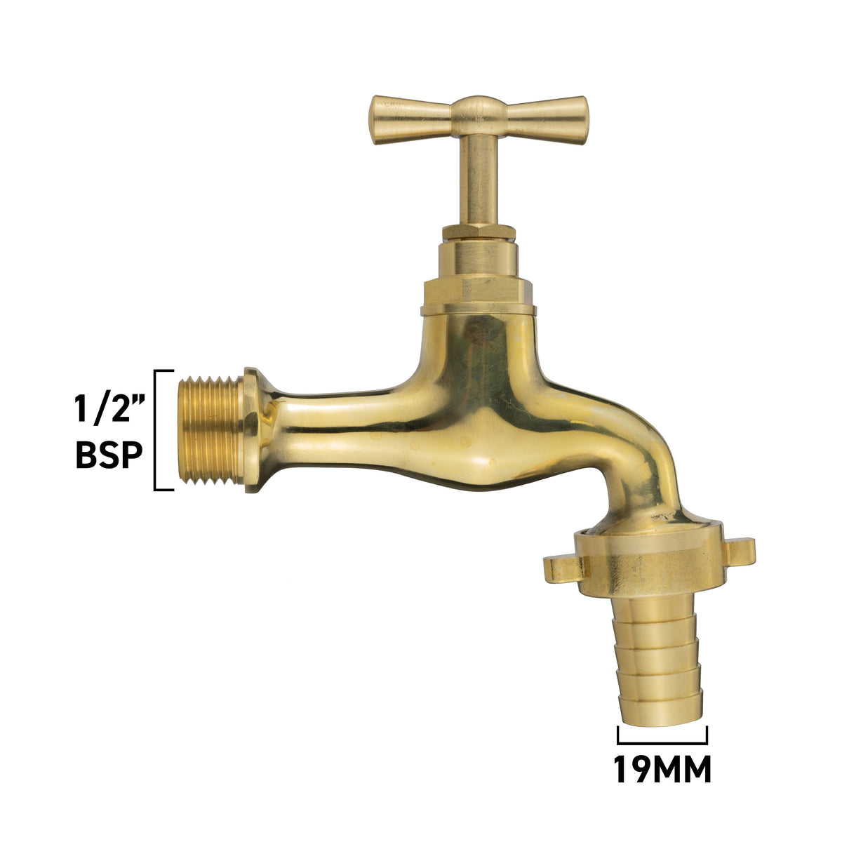 Polished Brass Barbed Bib Tap, 1/2" BSP x 15mm