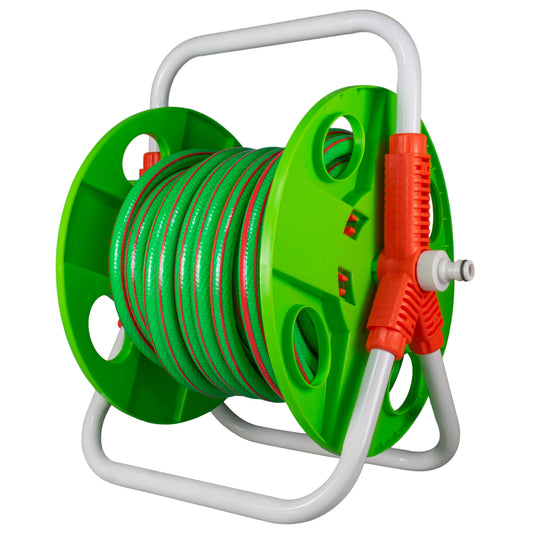 Hose Pipe Storage Reel Holder with 15m Premium 6-Layer Green Hose