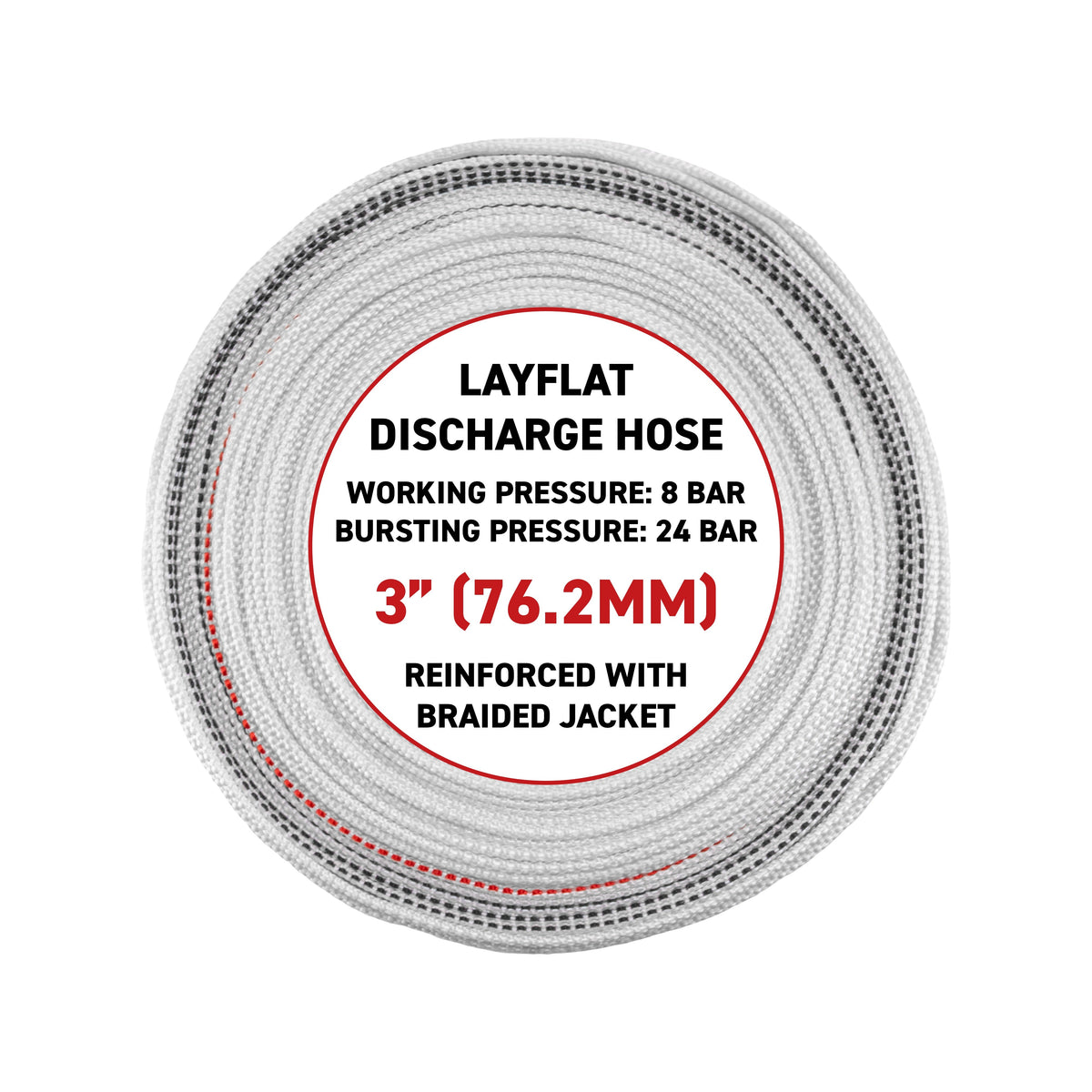 3" Lined Lay Flat Discharge Hose, 8-24 BAR