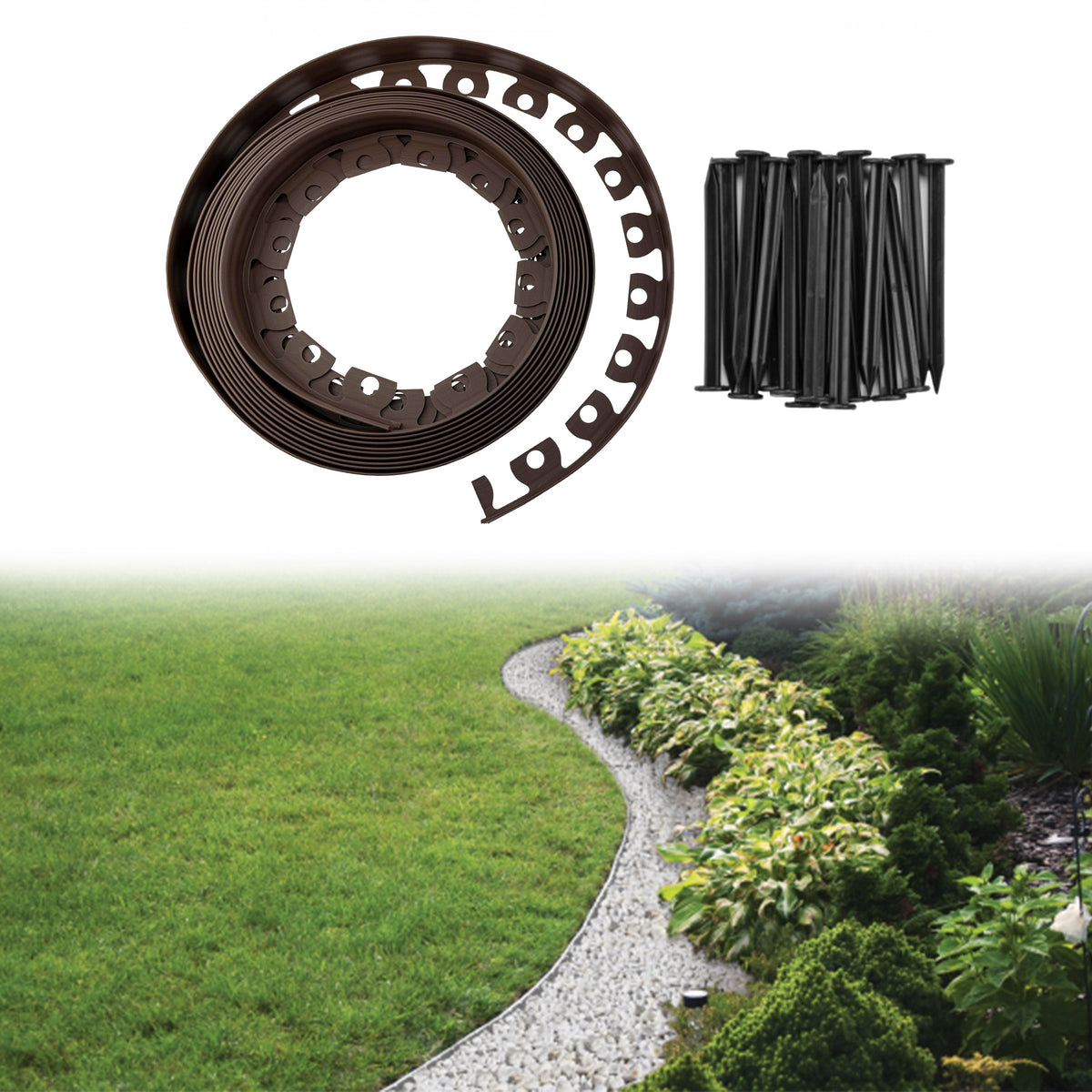 Brown Curved Lawn Edging Set with Pegs, 40mm Height