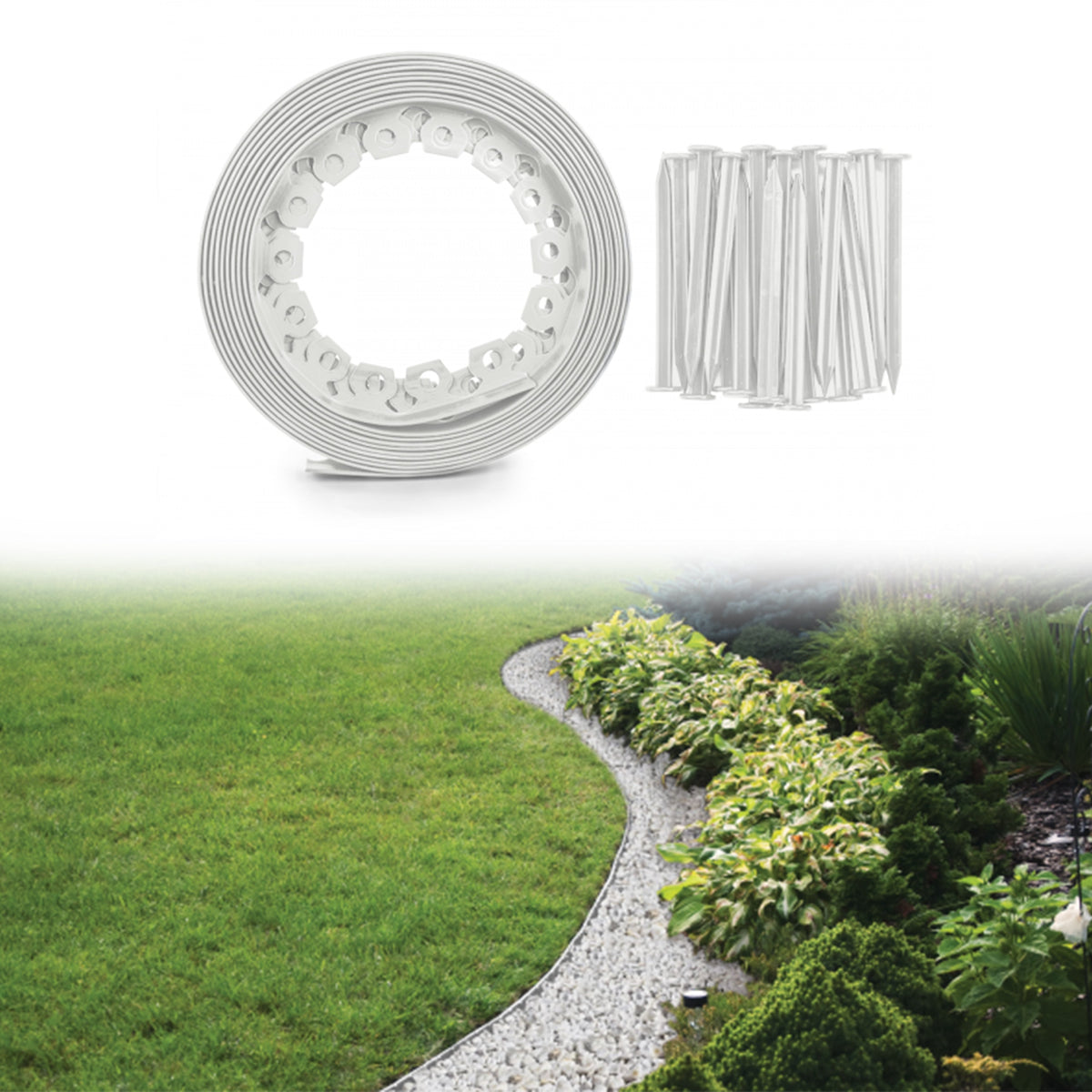 Light Grey Curved Lawn Edging Set with Pegs, 40mm Height