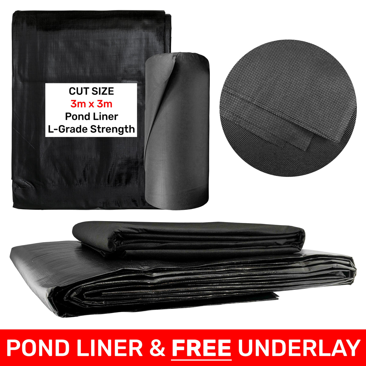 200gsm Black Flexible Pond Liner with Underlay, 3m x 3m