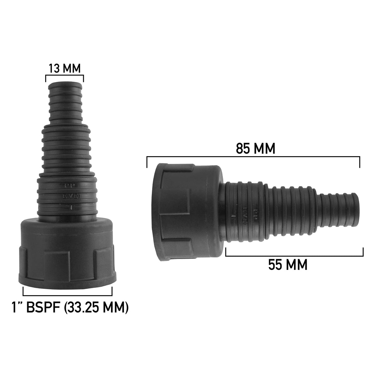 Stepped Barbed Connector for 13mm/ 20mm/ 25mm Hose, 1" BSPF