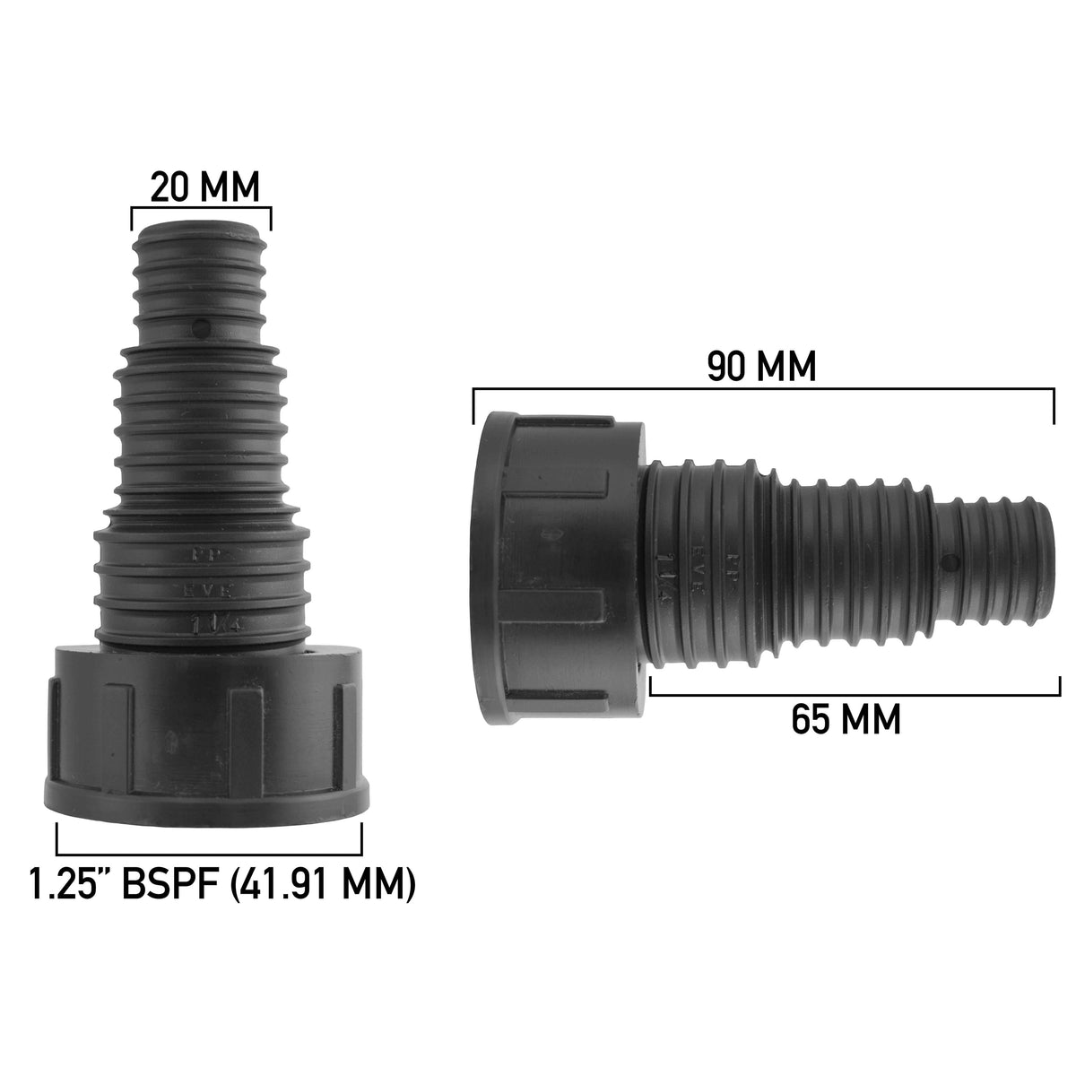 Stepped Barbed Connector for 20mm/ 25mm/ 32mm Hose, 1.25" BSPF