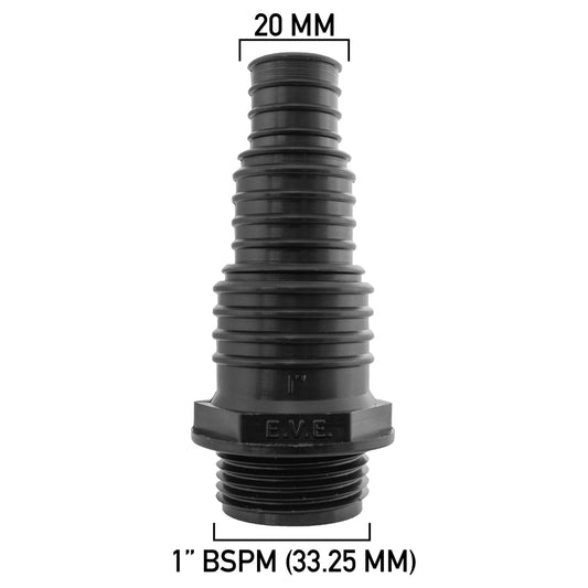Stepped Barbed Connector for 20mm/ 25mm/ 32mm Hose, 1" BSPM