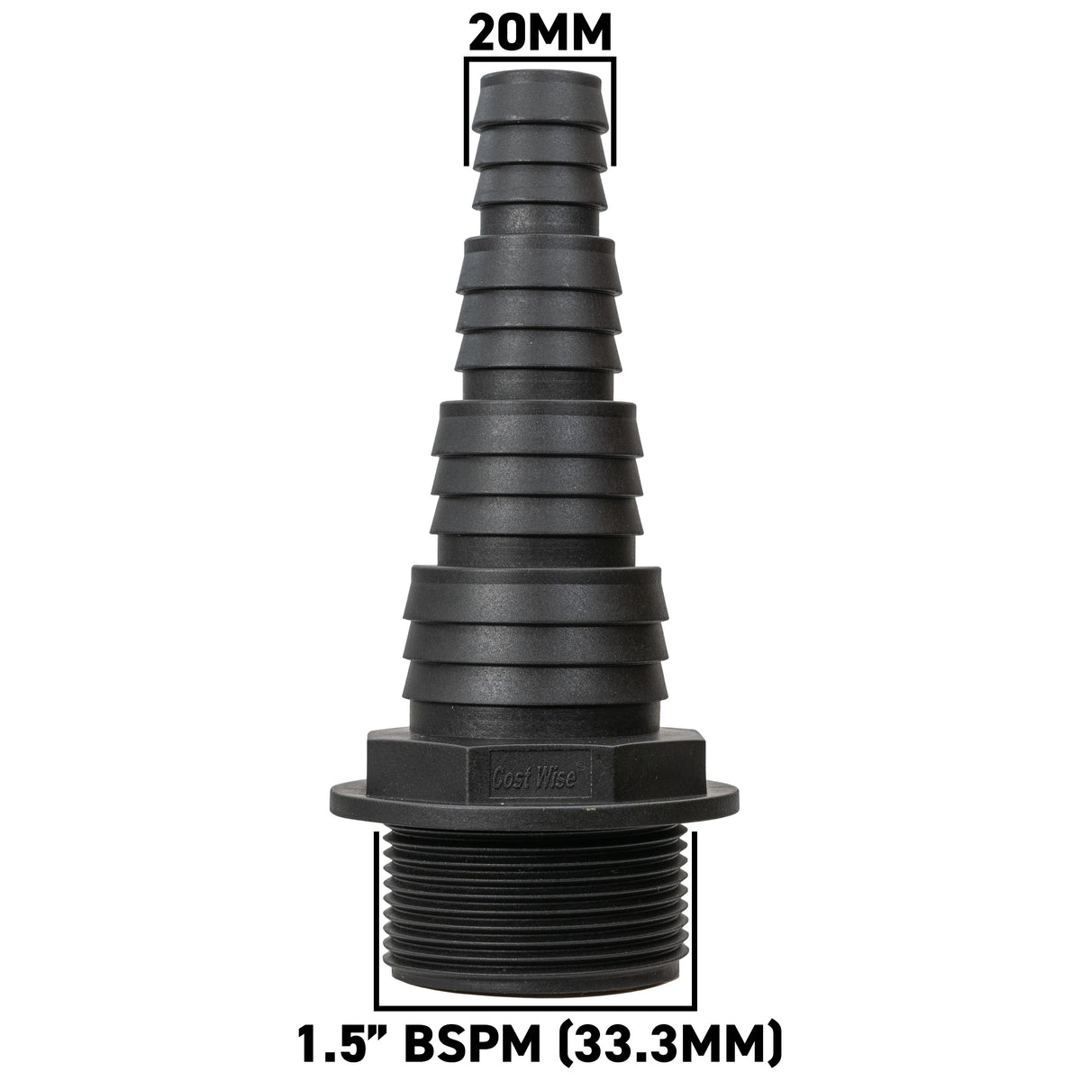 Stepped Barbed Connector for 20mm/ 25mm/ 32mm/ 40mm Hose, 1.5" BSPM