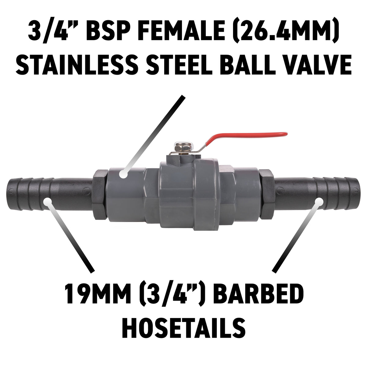 Stainless Steel Ball PP Valve & Barbed Outlet, 3/4"
