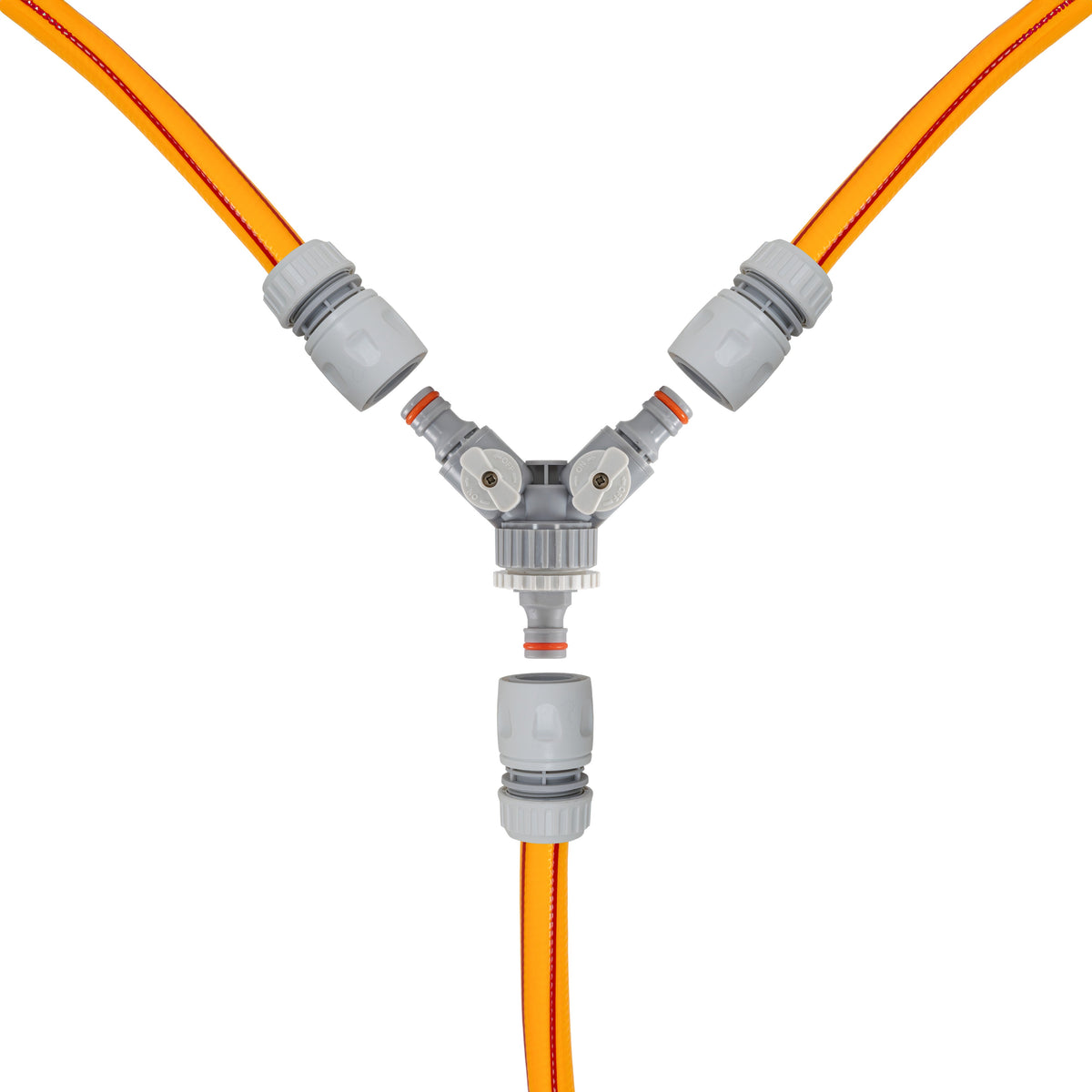 Three Way Valve Splitter with Hosepipe Quick Connectors - Grey & White