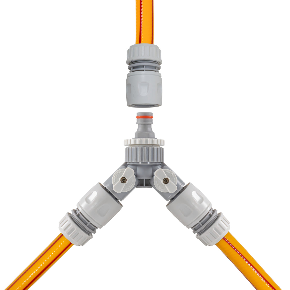 Three Way Valve Splitter with Hosepipe Quick Connectors - Grey & White