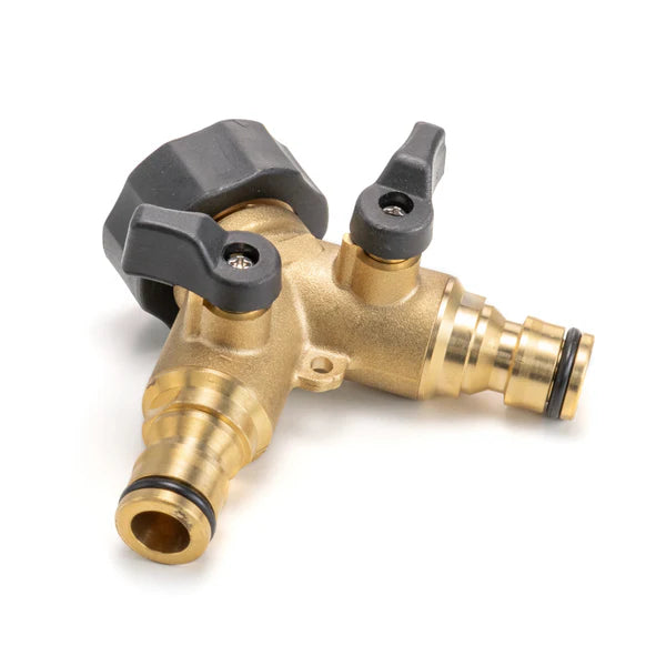 Garden Tap Splitter 2 Way Brass 3/4" BSPF Double Valve Snap On Hose Connector