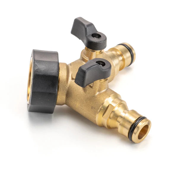 Garden Tap Splitter 2 Way Brass 3/4" BSPF Double Valve Snap On Hose Connector