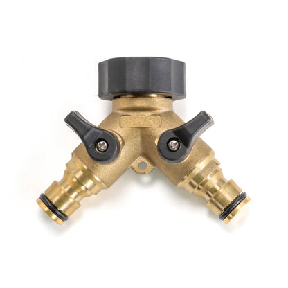 Garden Tap Splitter 2 Way Brass 3/4" BSPF Double Valve Snap On Hose Connector
