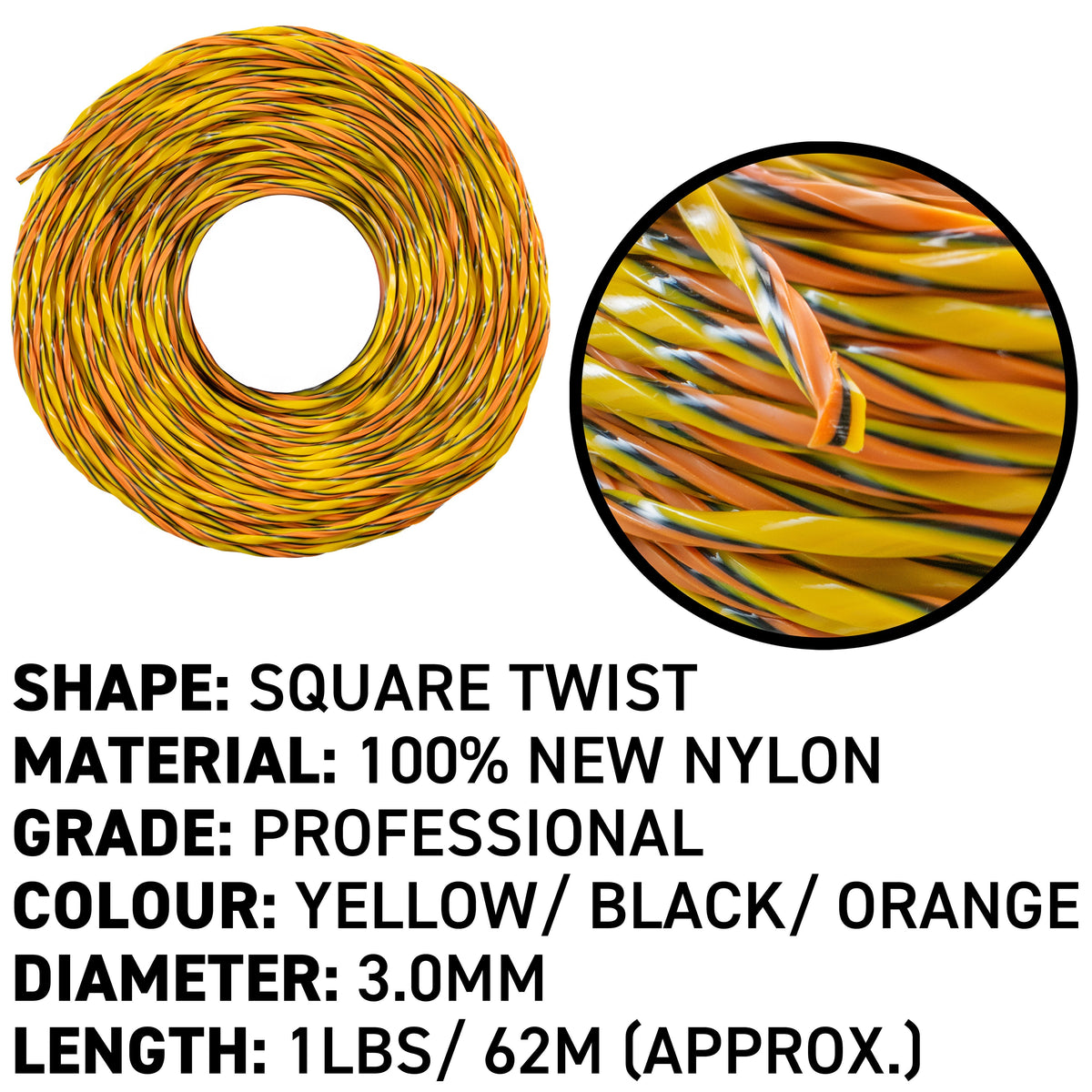 62m (450g) Triple Core Twisted Trimmer Line, 3mm