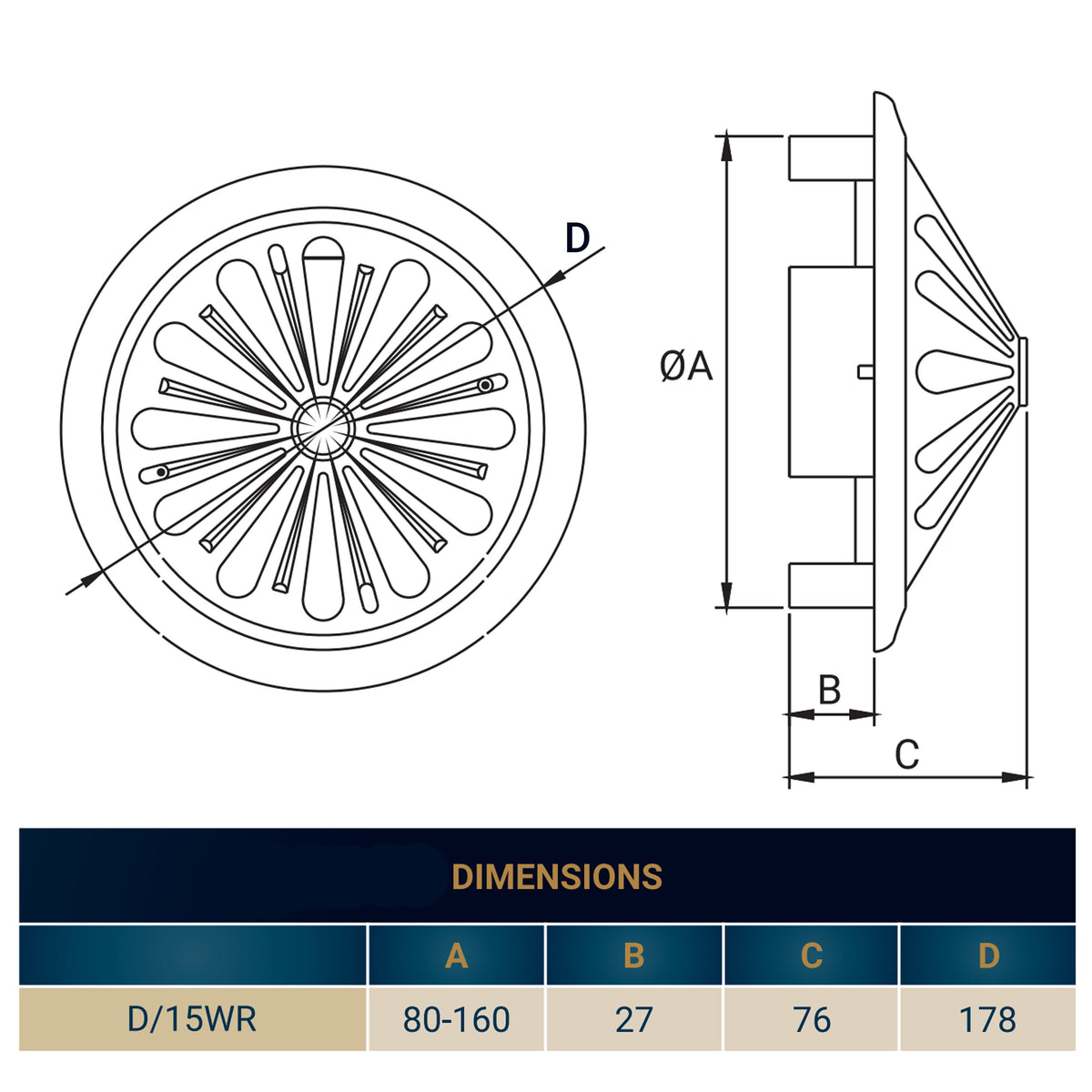 White Adjustable Round Louvre Vent, 80mm - 160mm