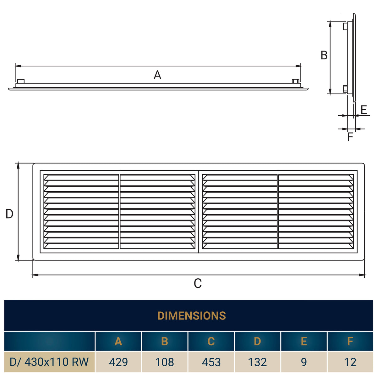 White Louvre Vent with Fly Screen, 110mm x 430mm