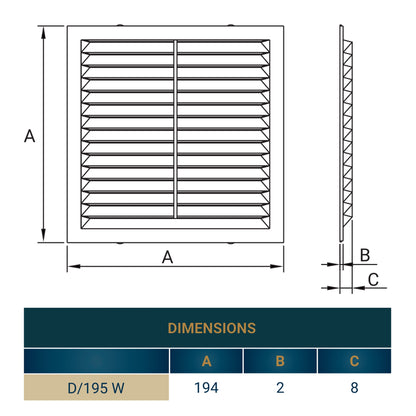 White Louvre Vent with Fly Screen, 195mm x 195mm