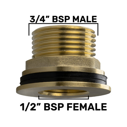 Brass Water Butt Tank Adapter, 3/4" BSPM to 1/2" BSPF