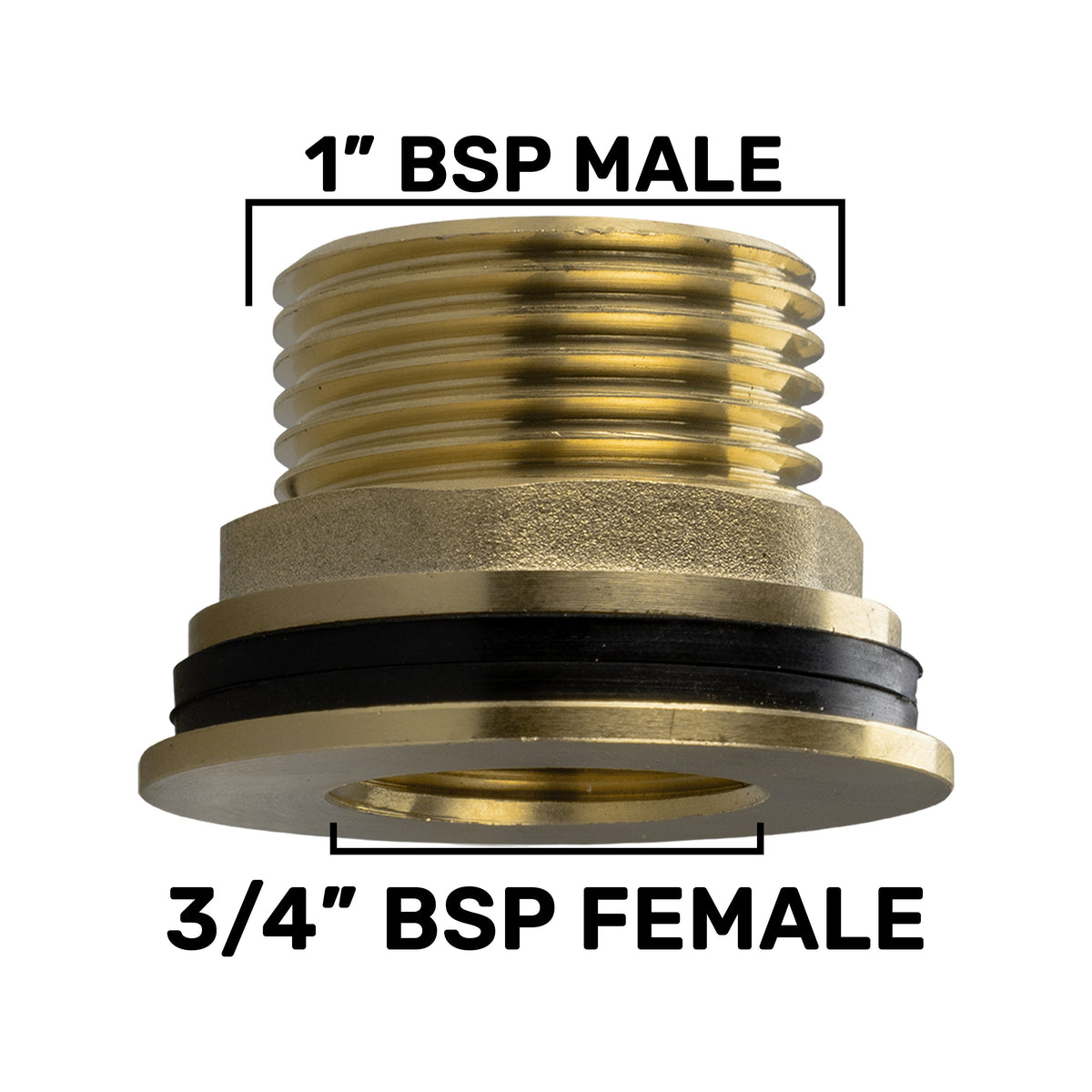 Brass Water Butt Tank Adapter, 1" BSPM to 3/4" BSPF