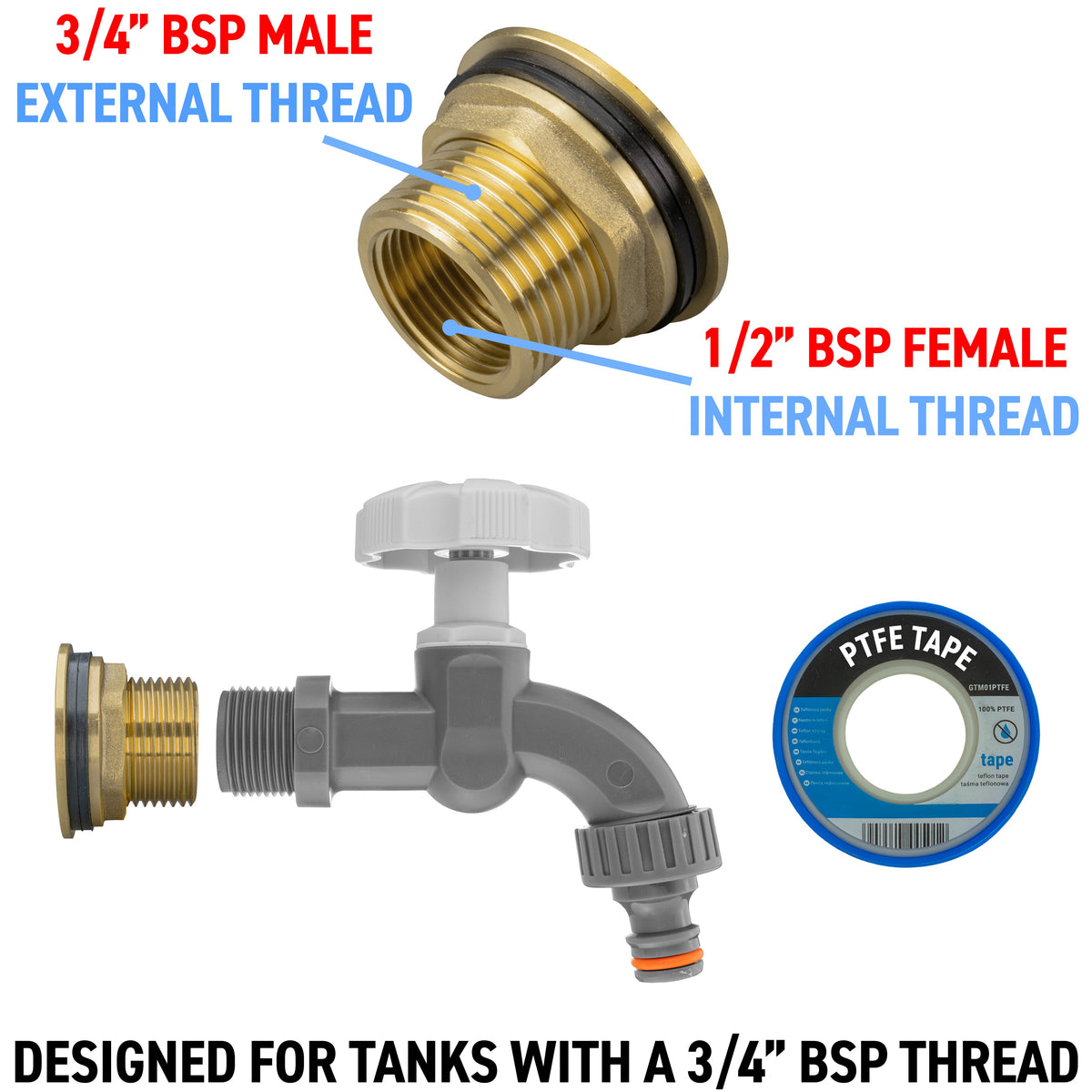 Brass Water Butt Adapter & Plastic Bib Tap