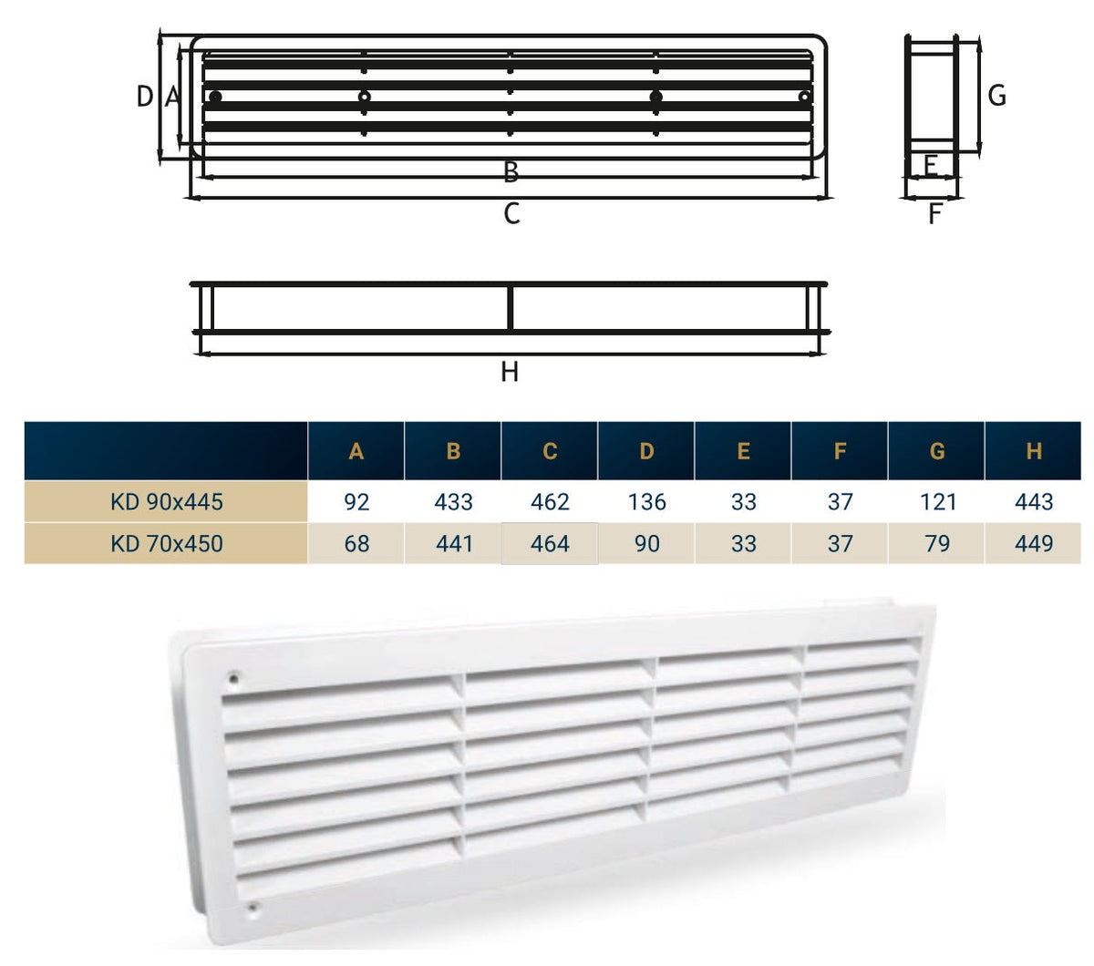 White Rectangle Louvre Door Vent, 90mm x 445mm