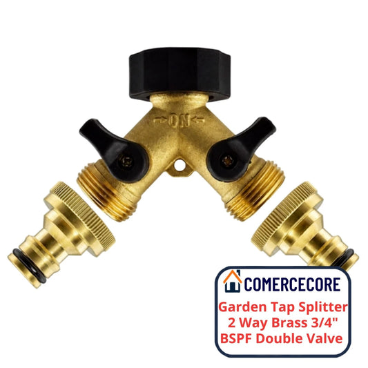 Garden Tap Splitter 2 Way Brass 3/4" BSPF Double Valve Snap On Hose Connector