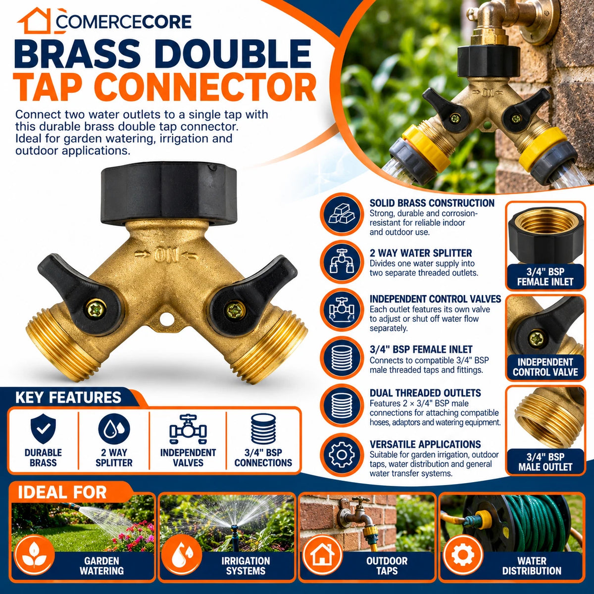 2-way Tap Splitter Valve with 3/4" Threads, Brass