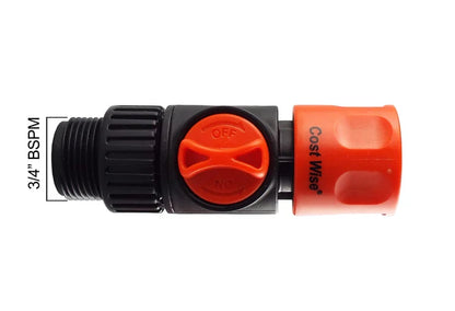 3/4" BSPM to Hosepipe Tap Connector with Valve, Black