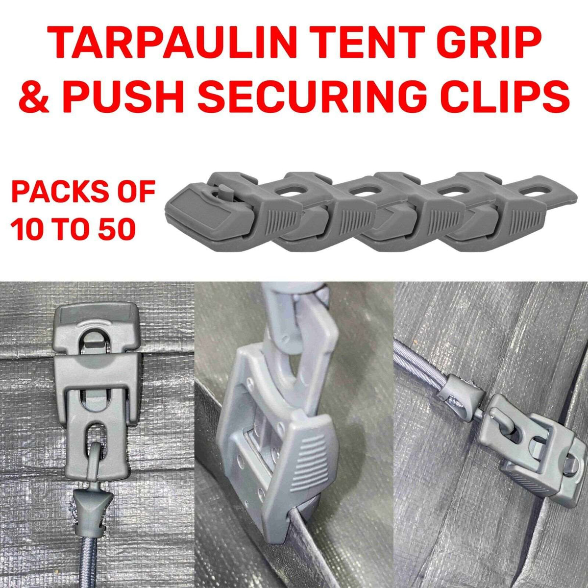 Grey Heavy Duty Sliding Grip Clips for Tents, Tarpaulins & Groundsheets