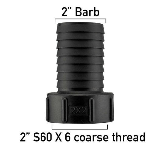 IBC S60X6 Tank Adapter, 60mm Coarse Thread to 2" (50mm) Barbed Hosetail