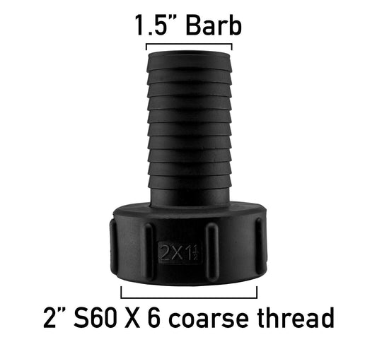 IBC S60X6 Tank Adapter, 60mm Coarse Thread to 1.5" (38mm) Barbed Hosetail